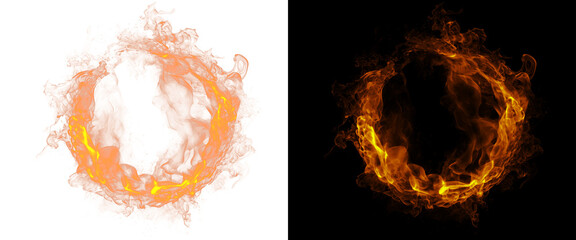 Fiery ring of flames on black and white backgrounds, circular fire border with glowing orange embers, burning heat effect for cinematic design © Transparent Studio