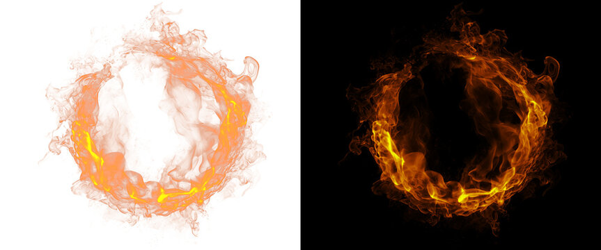 Fiery ring of flames on black and white backgrounds, circular fire border with glowing orange embers, burning heat effect for cinematic design
