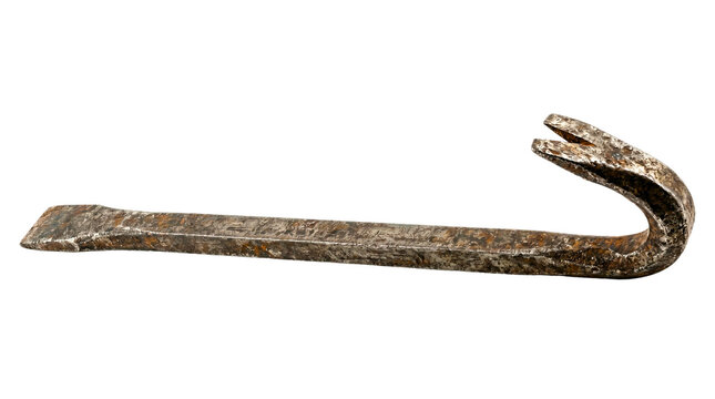 Rusty old crowbar with a curved end on an isolated transparent background