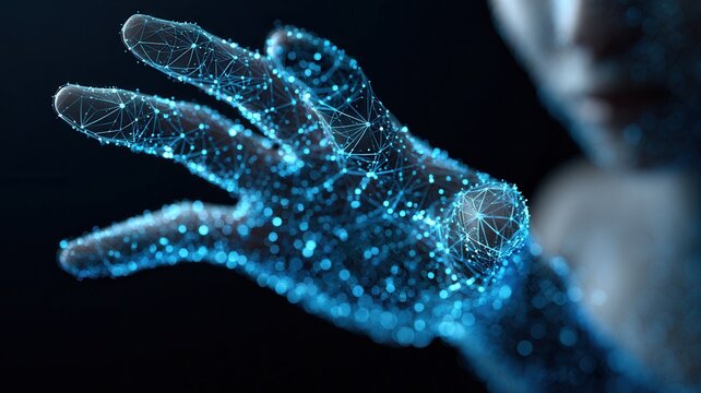 Digital hand reaching out symbolizing technology ai data connection network and human computer interaction