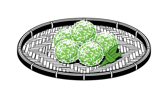 Klepon traditional Indonesian green rice cakes on tray.