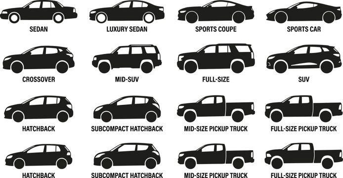 various types of cars and trucks  sedan luxury sedan sports coupe car crossover mid suv full size hatchback
