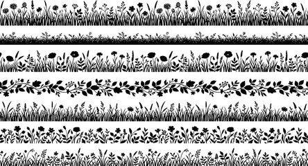 Black floral patterns with grass and flowers on white background for design and decoration © Afia