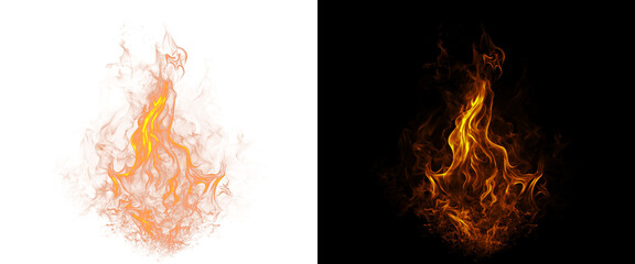 Realistic fire flame isolated on black and white background, glowing orange campfire blaze, burning heat effect for design and compositing © Transparent Studio