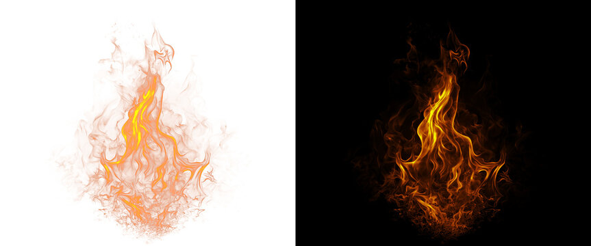 Realistic fire flame isolated on black and white background, glowing orange campfire blaze, burning heat effect for design and compositing