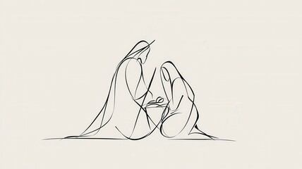 Obraz premium Simple line art nativity scene depicting the holy family adoring baby jesus born on christmas