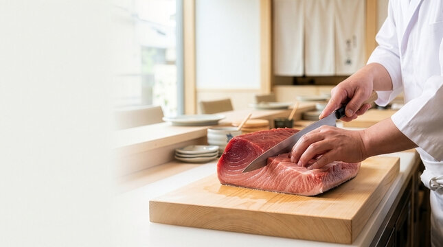 Artisan Precision: Advertising Macro of a Master Chef Dismantling Premium Giant Tuna