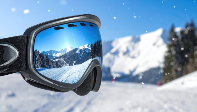 Close-up of reflective ski goggles capturing a vibrant winter mountain landscape and a pristine snow-covered slope, embodying the spirit of skiing adventure