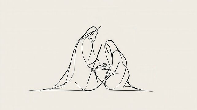Simple line art nativity scene depicting the holy family adoring baby jesus born on christmas