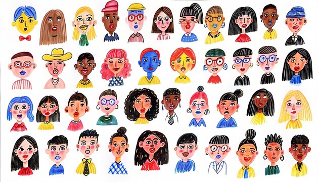 Hand-drawn diverse people avatars pattern, watercolor illustration of various faces and ethnic groups