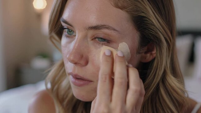 A woman applying makeup to her face with a sponge