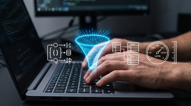 Software developer managing digital data filter and system performance optimization with UI icons