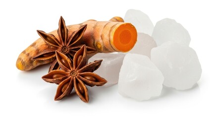 Fototapeta premium Turmeric root, star anise spice, and sugar cubes, aromatic ingredients