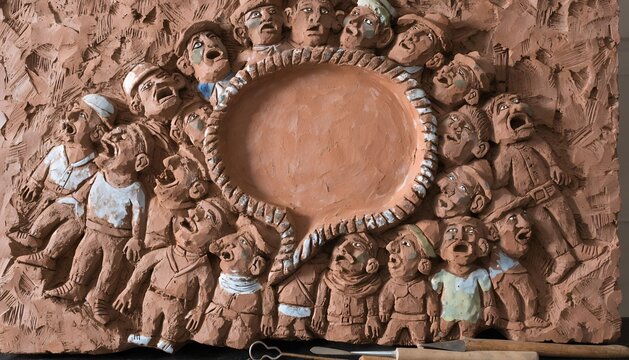 Clay bas-relief sculpture of a crowd surrounding a large empty speech bubble