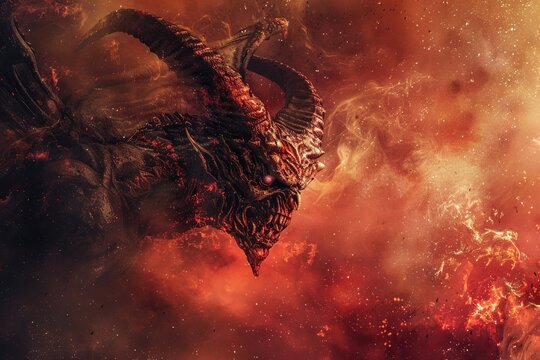 Sinister devil is in hell with dramatic bright fire lighting