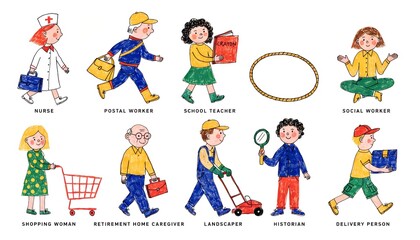 Fototapeta premium Hand drawn illustration of diverse community professions and jobs set, crayon style doodle characters