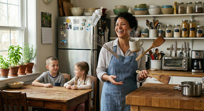 Modern mother multitasking in kitchen, juggling household items and childcare, lifestyle concept. 