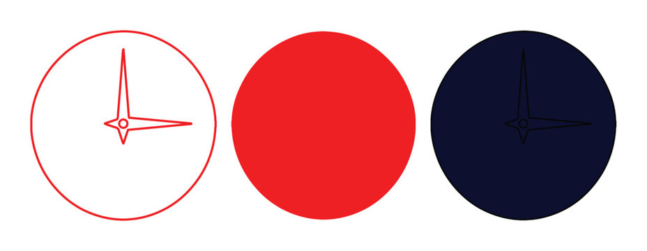 Minimalist clock icon set, three modern time symbols, red and dark blue vector graphics for UI/UX design, scheduling, and deadlines