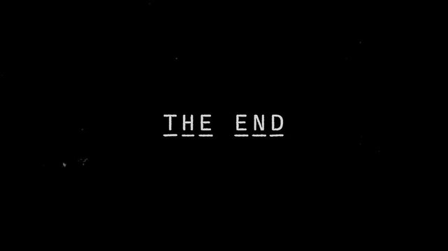 Animated reveal of the text &ldquo;The End&rdquo; appearing letter by letter with a vintage typing effect on a black background. Suitable for film endings, credits, retrospectives, and title sequences.
