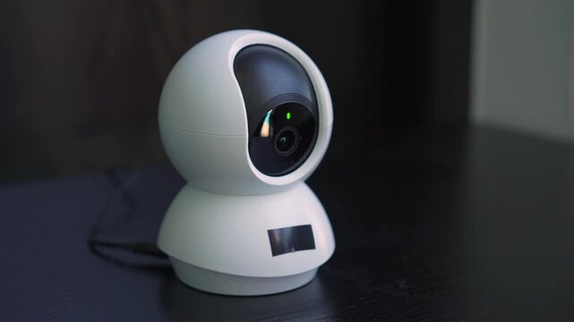 High-quality sound recording in uncompressed WAV format of a smart security camera alarm, with the device triggering and producing loud electronic beeping for Foley, editing, and audio library use.