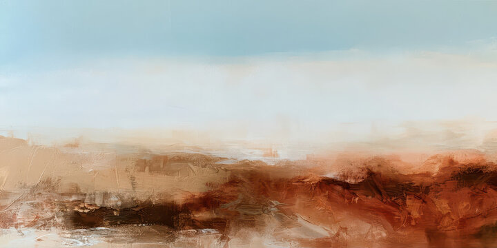 Abstract Panoramic Painting with Textured Earthy Tones and Sky Blue, Ideal for Modern Decor or Creative Projects