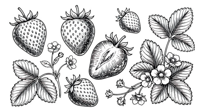 Vintage strawberry hand drawn sketch vector set, botanical garden berry illustration with leaves and flowers, black and white engraved fruit clip art