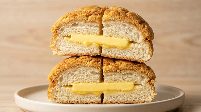 Hong Kong Pineapple Bun with Butter Slab | Split Pineapple Bun Bo Luo Bao Overhead | Hong Kong Bakery Commercial Photography