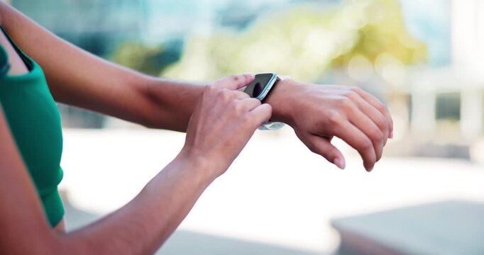 Hand, smart watch and tracker for exercise, fitness or heart rate in city with performance progress. Athlete, person and typing with digital tech for monitoring workout, runner and wellness results