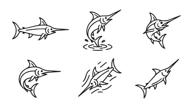 Hand drawn swordfish set monochrome line art illustrations with swordfish wildlife monochrome swimming predator isolated background collection illustration billfish