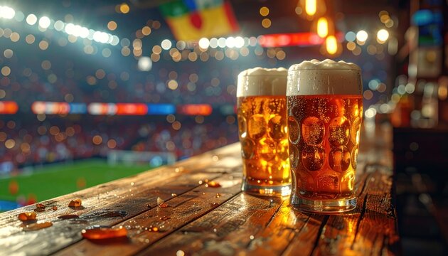 Two golden beers on a bar, overlooking a stadium sports game with blurred cheering fans, evoking game-day excitement