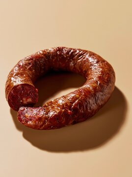 Smoked Pork Sausage Kovbasa Glossy Cured Meat Link Charcuterie Close Up Editorial Food Photography