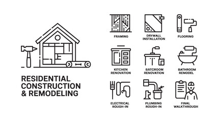 Fototapeta premium Residential construction icons, remodeling symbols, building signs, architecture elements, vector graphics