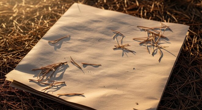 Textured brown kraft paper surface with scattered dry pine needles illuminated by warm sunlight