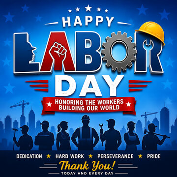 labor day celebration graphic with bold creative lettering workers silhouette