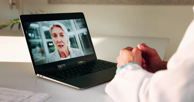 Hands, doctor or laptop video call with woman for lawsuit review, legal preparation or info. Mature person, malpractice attorney or virtual chat with surgeon for incident advice, litigation or clinic