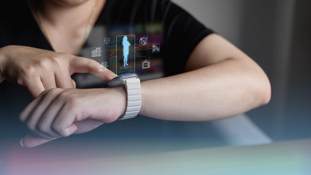 health healthcare hospital medicine medical care insurance pharmacy aid.User interacting with a smartwatch displaying digital health monitoring, wellness tracking, and connected healthcare data.