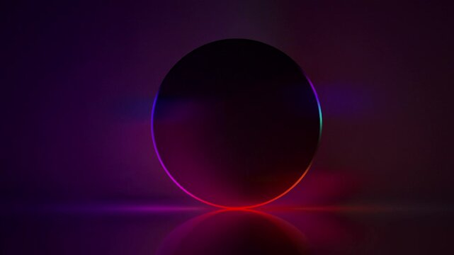 3D render animation of glowing neon circle on dark studio background. Abstract futuristic backdrop with multicolored light gradient frame, sci-fi geometric round disc portal, 4K.