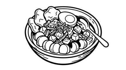 Obraz premium Black and white illustration of a hearty ramen noodle bowl.