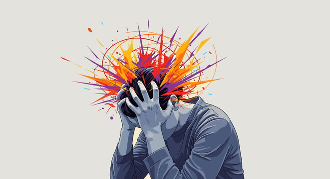 A person clutches their head as colorful, explosive abstract shapes burst outwards from their mind, symbolizing intense thought or mental distress.