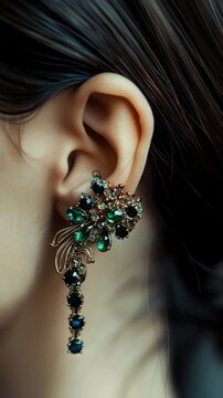 Detailed view of a vintage baroque cluster earring with green and blue stones on an ear, showcasing heritage fashion revival and maximalist styling. 