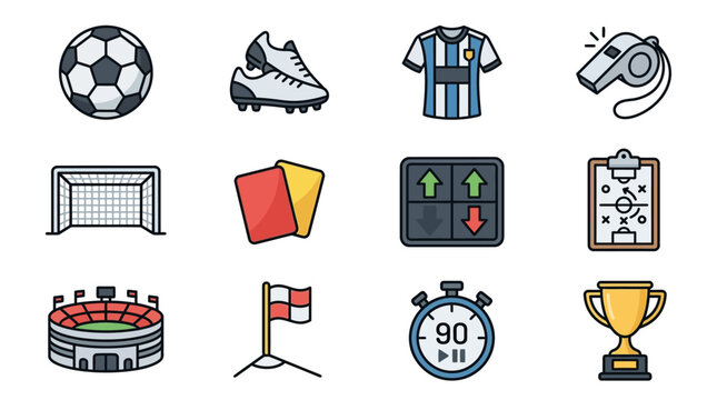 Soccer ball and sports equipment icons.