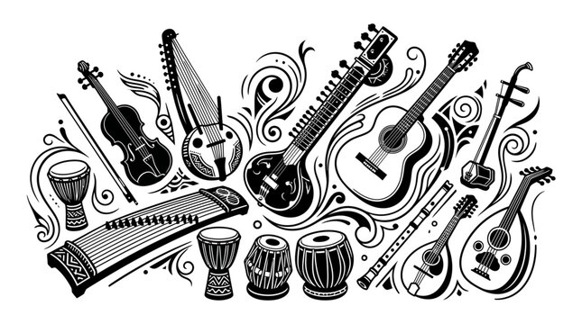 Traditional musical instruments collage woodcut style illustration.