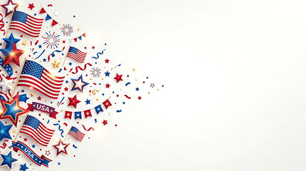 Fototapeta premium Festive American patriotic background with stars, flags, and confetti creating a vibrant border, ideal for national celebrations and events