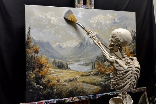 Skeleton creating art with a large paintbrush in a mountain landscape scene