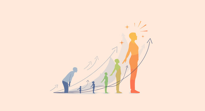 Illustration showing personal growth and self-improvement journey with figures increasing in size and confidence.