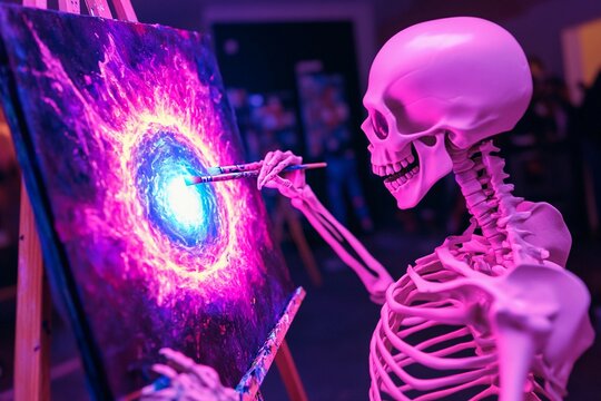 Skeleton painting a portal to another dimension on a canvas