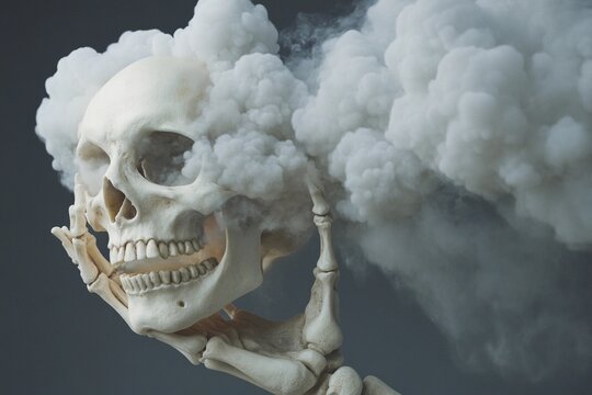 Skeletal hand gripping skull while clouds form in the background