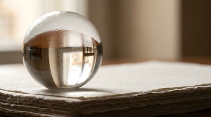 Obraz premium Clear crystal ball resting on stack of textured paper
