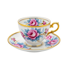 Fototapeta premium Delicate floral china teacup and saucer with gold accents and floral design. isolated on transparent background