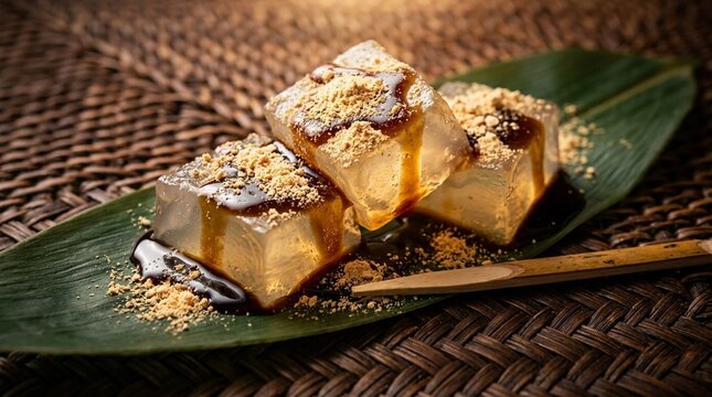 Transparent Kuzu Mochi with Kinako Kuromitsu | Japanese Summer Jelly Dessert | Japanese Wagashi Commercial Photography